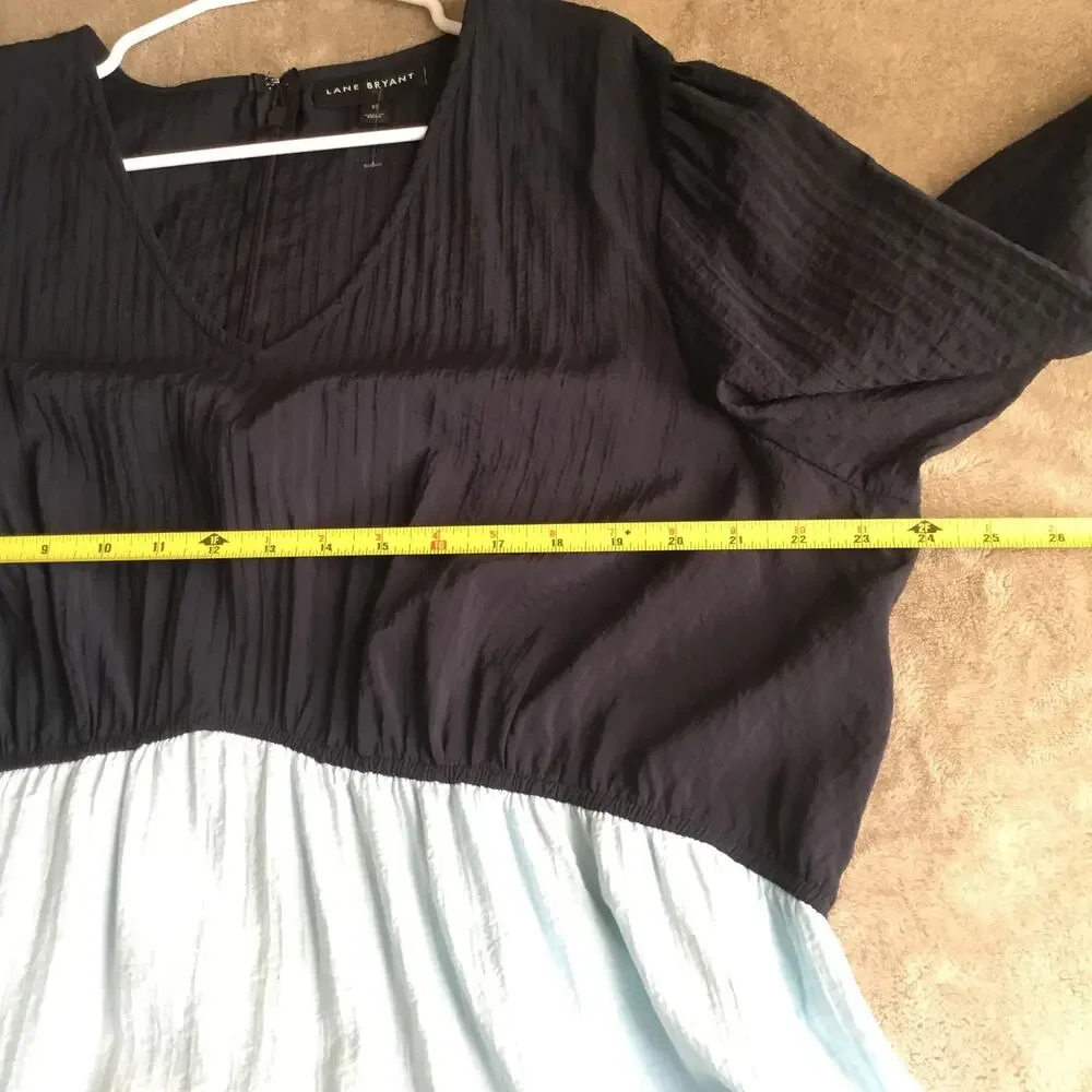 Lane Bryant Tiered Crepe Maxi Dress Blue Colorblock Long Sleeves v neck Sz 22P - Picture 7 of 10